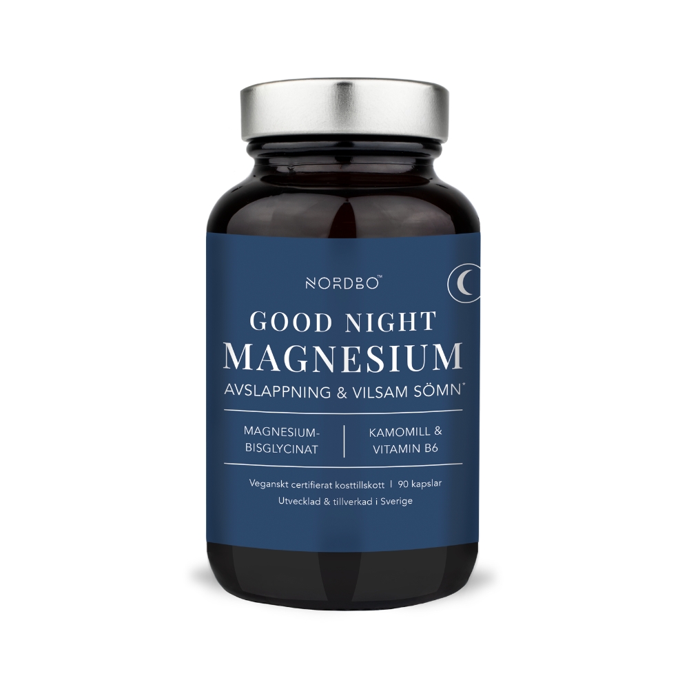 Nordbo Good Night Magnesium on suunniteltu tukemaan rentoutumista ja rauhallista unta. Magnesiumbisglysinaattia, rentouttavaa kamomillaa ja B6-vitamiinia.