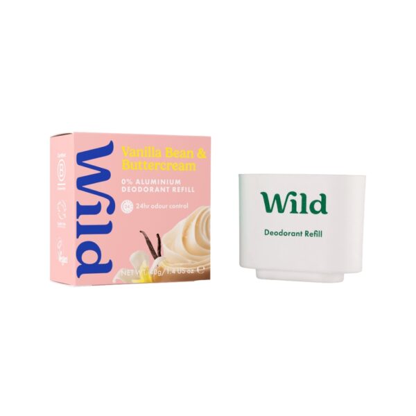 Wild Vanilla & Buttercream deodorantin täyttöpakkaus herkullisella vaniljan ja tonkapavun tuoksulla. Vegaaninen ja alumiiniton deodorantti.