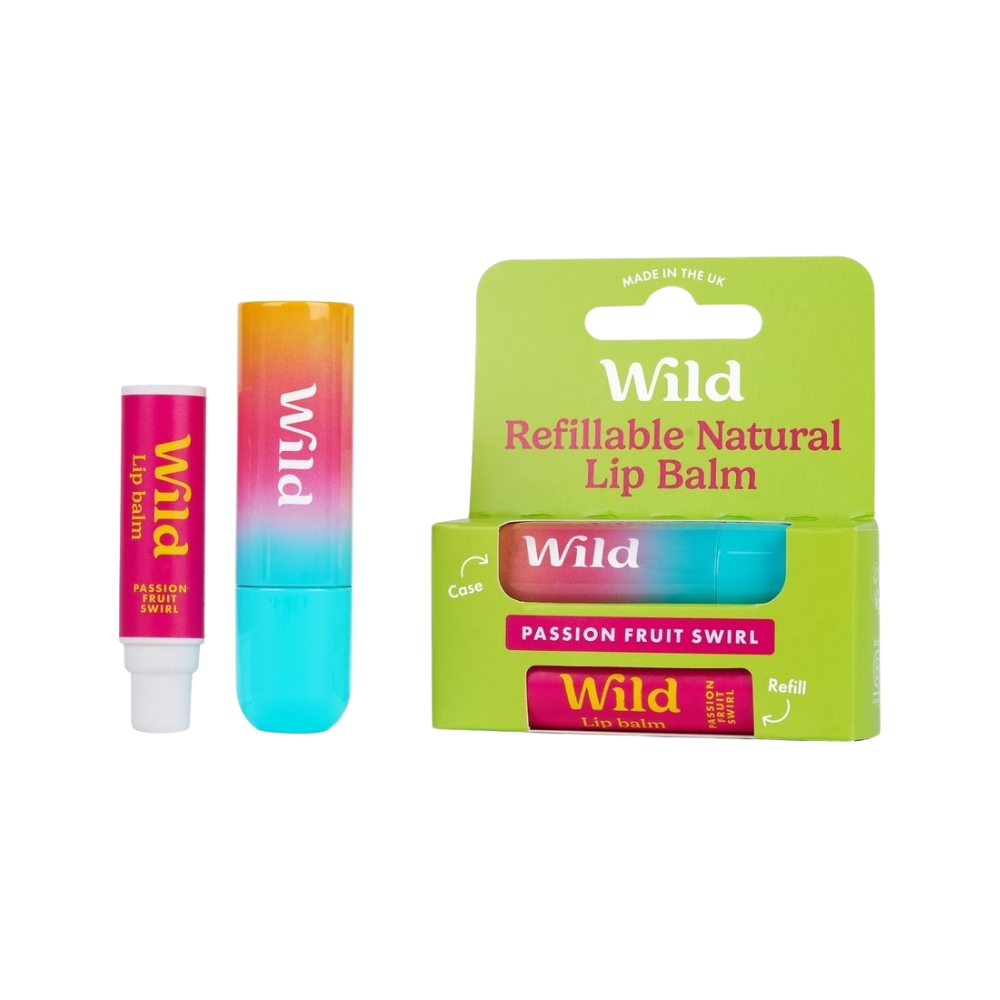 Wild Lip Balm Passionfruit Swirl on uudelleentäytettävä vegaaninen huulirasva kotelolla