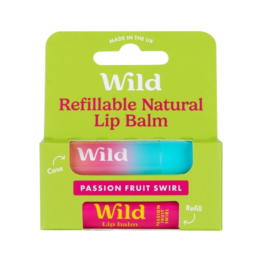 Wild Lip Balm Passionfruit Swirl on uudelleentäytettävä vegaaninen huulirasva kotelolla