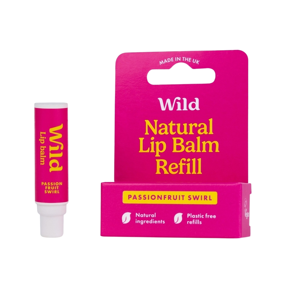 Wild Lip Balm Passionfruit Swirl luonnollinen huulivoide Wildin uudelleenkäytettäviin koteloihin.