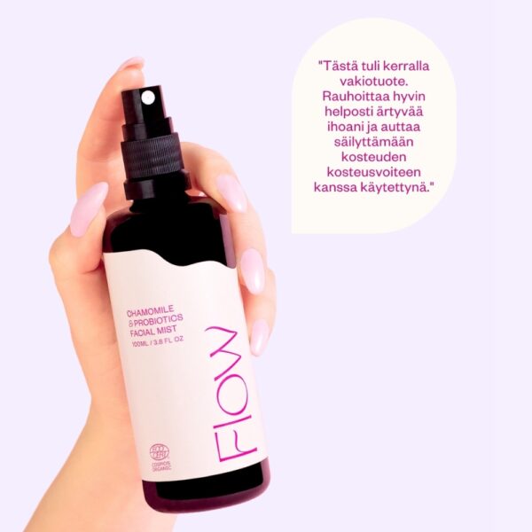 Probioottinen luomu kamomillavesi kosteuttaa ja rauhoittaa herkkää ja ärtynyttä ihoa. Kotimaista luonnonkosmetiikkaa.