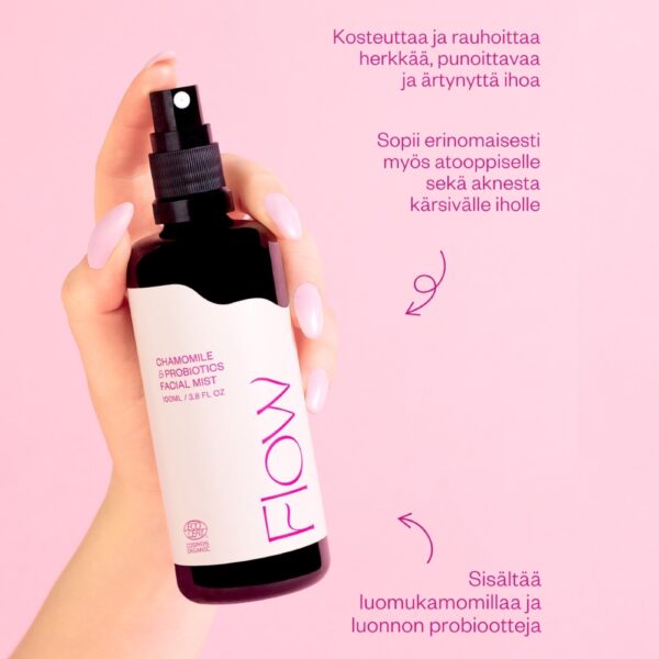 Probioottinen luomu kamomillavesi kosteuttaa ja rauhoittaa herkkää ja ärtynyttä ihoa. Kotimaista luonnonkosmetiikkaa.