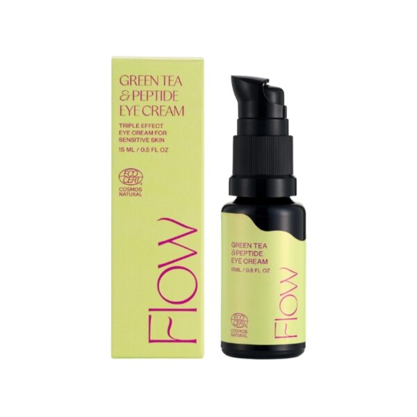 Flow Cosmetics Green Tea & Peptide Eye Cream on tehokkaasti kosteuttava, kirkastava ja silottava silmänympärysvoide. Kotimaista luonnonkosmetiikkaa.