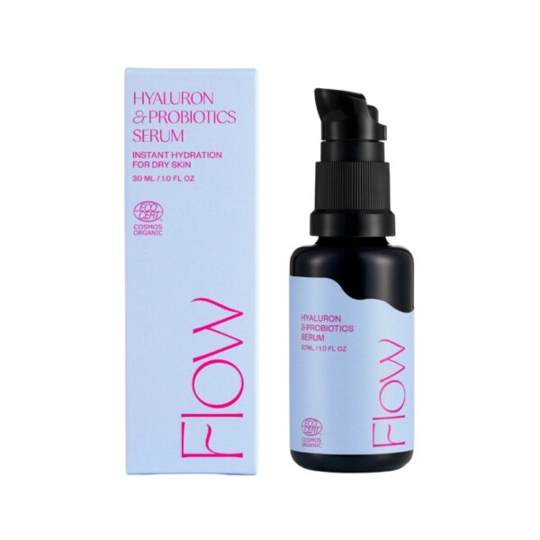 Flow Cosmeticsin kevyt, geelimäinen Hyaluron & Probiotics -seerumi syväkosteuttaa, häivyttää juonteita, tasoittaa ihon sävyä sekä auttaa pintakuivuuteen.