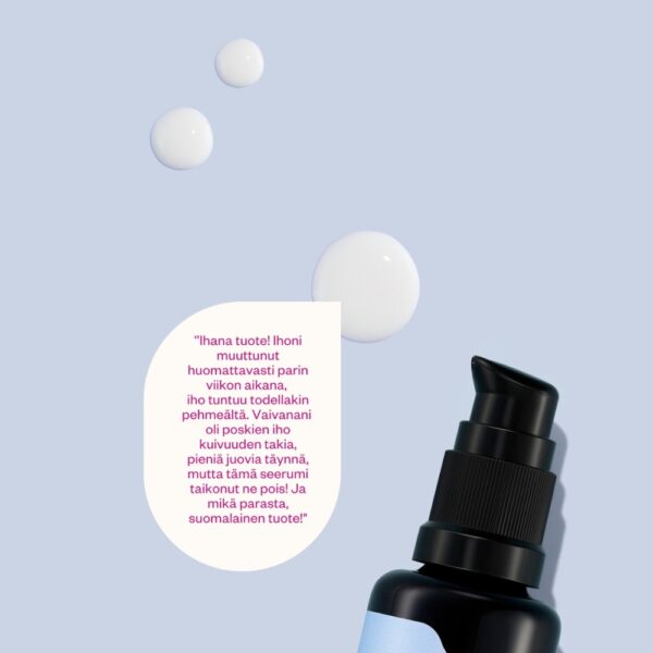 Flow Cosmeticsin kevyt, geelimäinen Hyaluron & Probiotics -seerumi syväkosteuttaa, häivyttää juonteita, tasoittaa ihon sävyä sekä auttaa pintakuivuuteen.