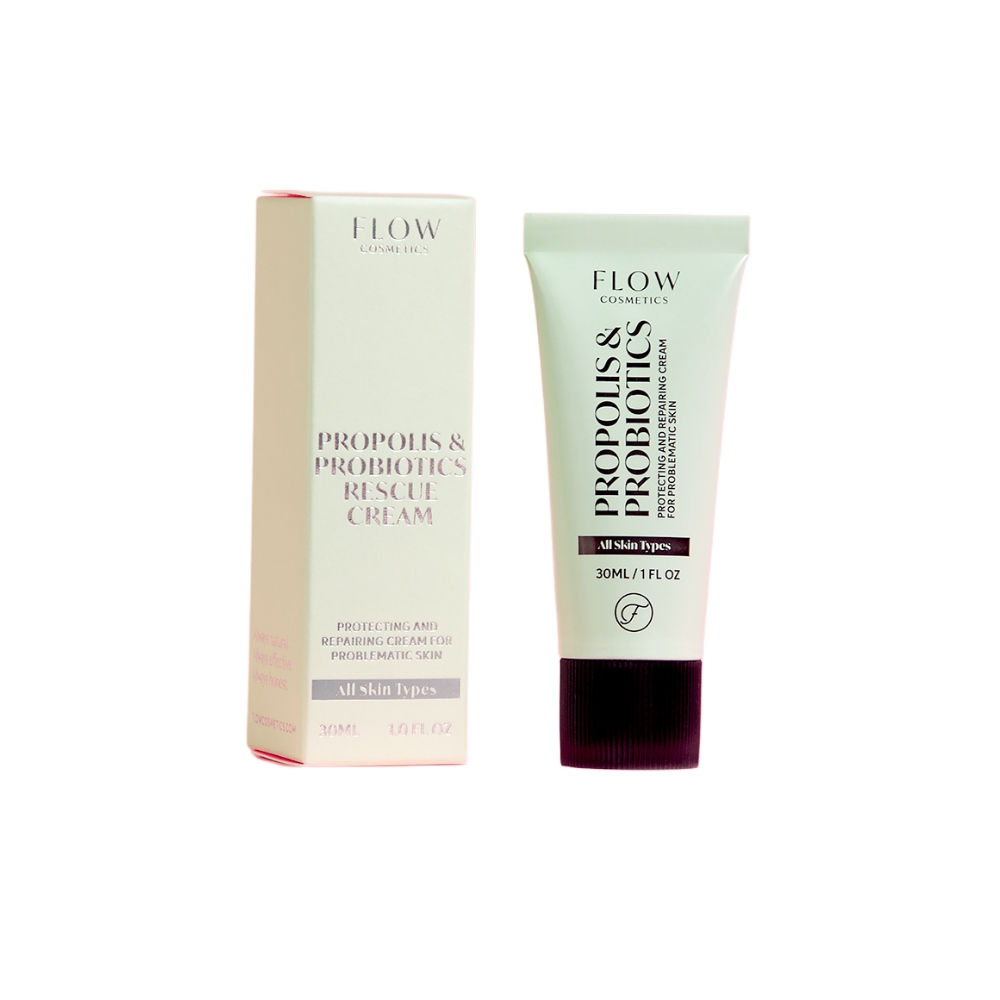 Flow Cosmetics Propolis & Probiotics Rescue Cream on täyteläinen erikoisvoide, joka rauhoittaa kuivuuden ja kiristyksen tunnetta sekä tukee ihon luonnollista suojamuuria.
