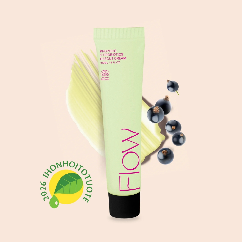 Flow Cosmetics Propolis & Probiotics Rescue Cream on täyteläinen erikoisvoide, joka rauhoittaa kuivuuden ja kiristyksen tunnetta sekä tukee ihon luonnollista suojamuuria.