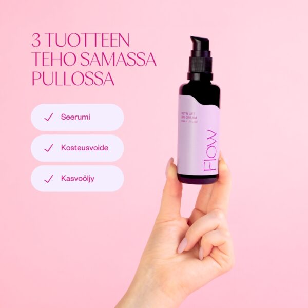 Flow Cosmeticsin Retin Lift 3-in-1 Cream on syväkosteuttava ja uudistava 3-in-1 -kasvovoide ikääntyvälle iholle. Kotimaista luonnonkosmetiikkaa.