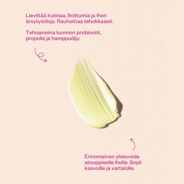 Flow Cosmetics Propolis & Probiotics Rescue Cream on täyteläinen erikoisvoide, joka rauhoittaa kuivuuden ja kiristyksen tunnetta sekä tukee ihon luonnollista suojamuuria.