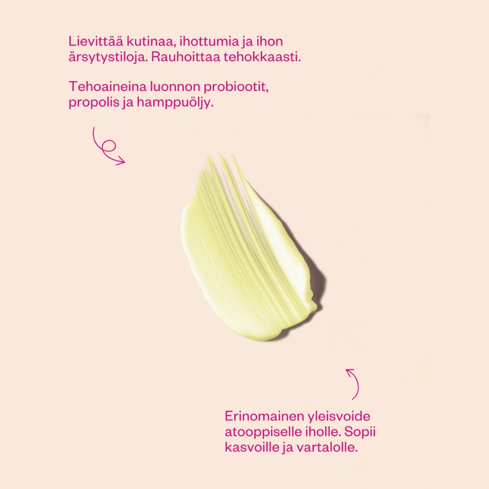 Flow Cosmetics Propolis & Probiotics Rescue Cream on täyteläinen erikoisvoide, joka rauhoittaa kuivuuden ja kiristyksen tunnetta sekä tukee ihon luonnollista suojamuuria.