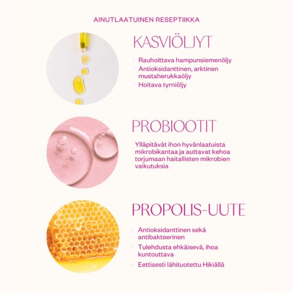 Flow Cosmetics Propolis & Probiotics Rescue Cream on täyteläinen erikoisvoide, joka rauhoittaa kuivuuden ja kiristyksen tunnetta sekä tukee ihon luonnollista suojamuuria.