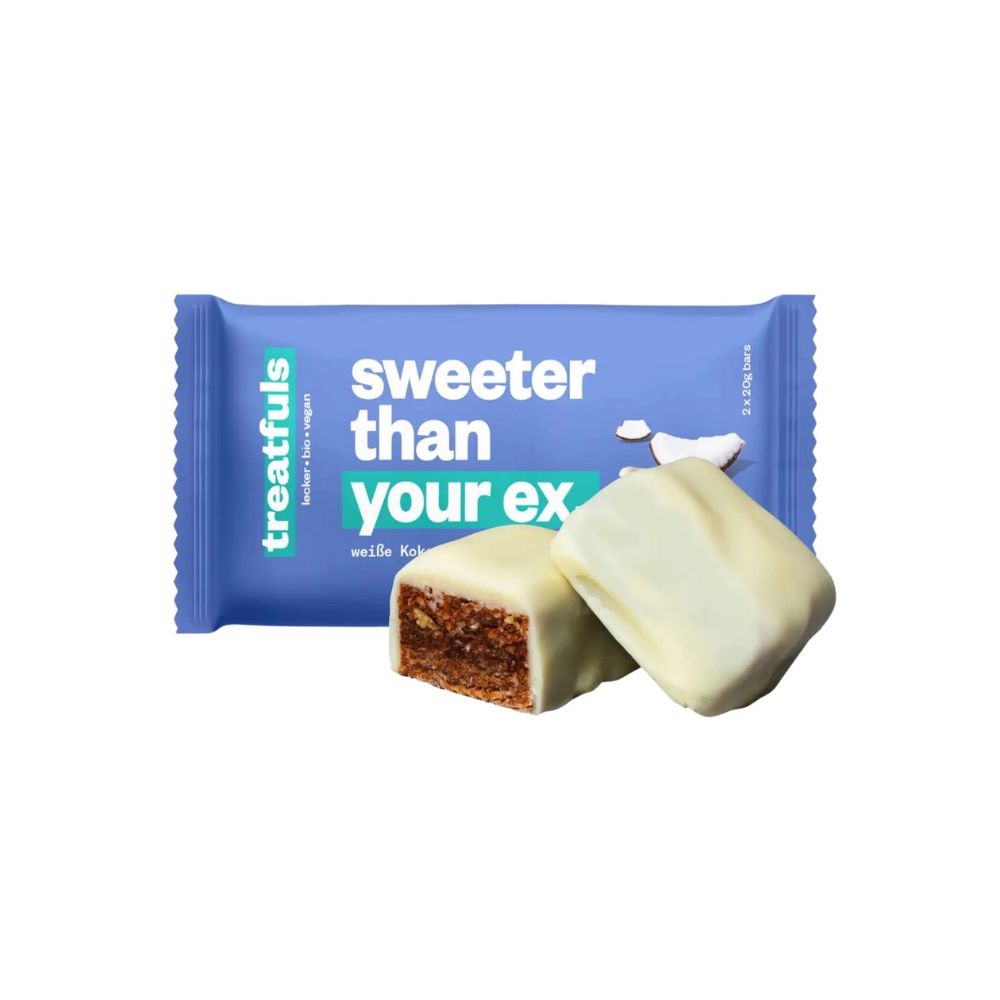 Treatfuls Sweeter than your ex on kermaisen ihana kookos-p'hkinä-suklaa patukka ilman valkoista sokeria.