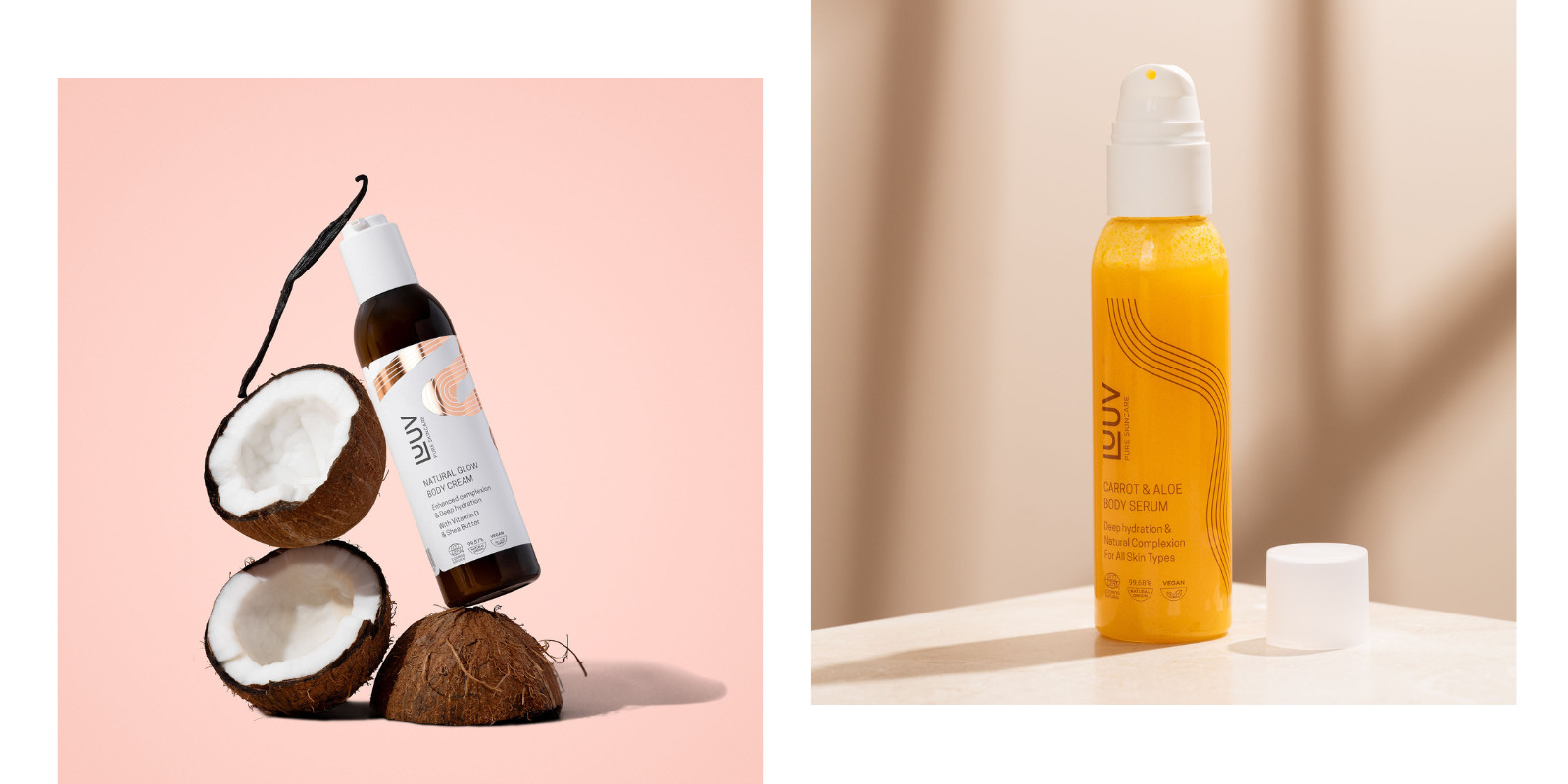 Luonnonkosmetiikan itseruskettavia tuotteita, voide ja porkkanaöljy