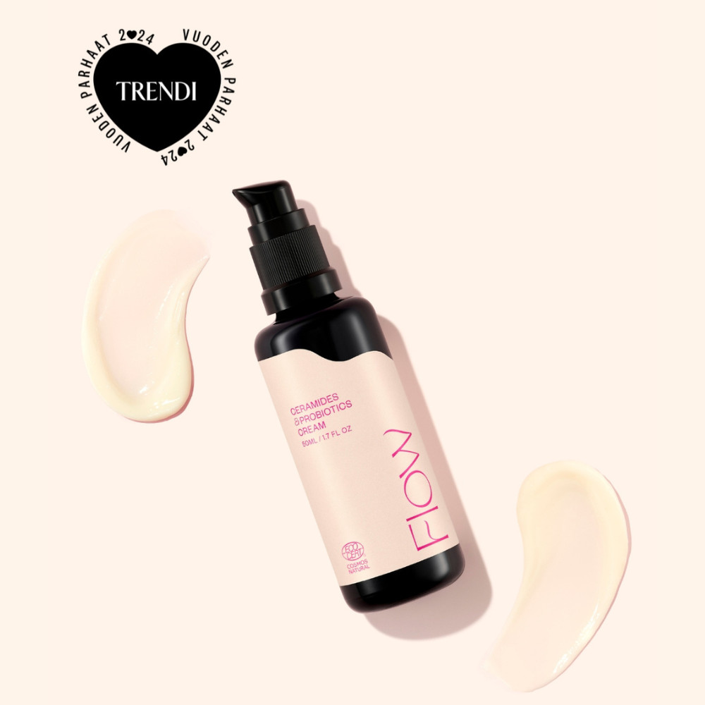 Flow Cosmetics Ceramides & Probiotics Cream on täyteläinen, hajusteeton kasvovoide kuivalle, herkälle ja ärtyneelle iholle. Kotimaista luonnonkosmetiikkaa.