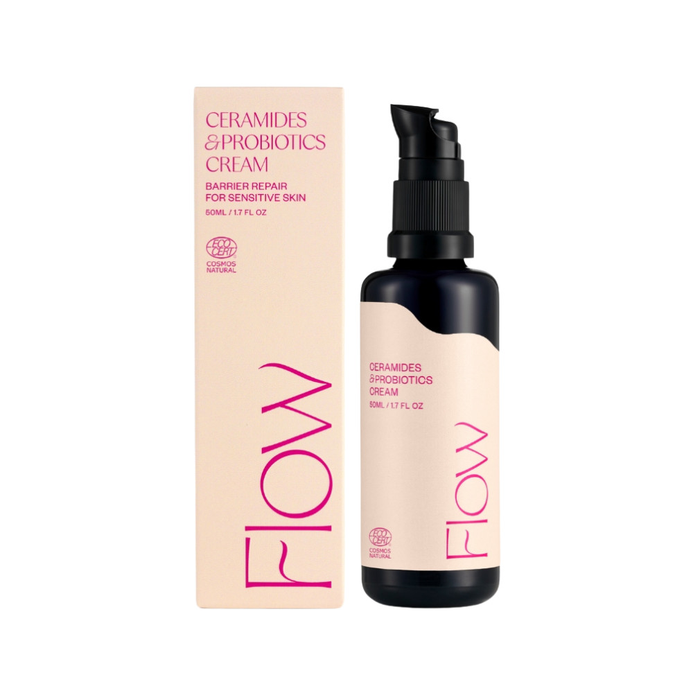 Flow Cosmetics Ceramides & Probiotics Cream on täyteläinen, hajusteeton kasvovoide kuivalle, herkälle ja ärtyneelle iholle. Kotimaista luonnonkosmetiikkaa.