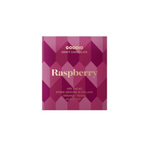 Goodio Rasberry Suklaa yhdistää marjan sekä suklaa hienostuneeseen makuun.