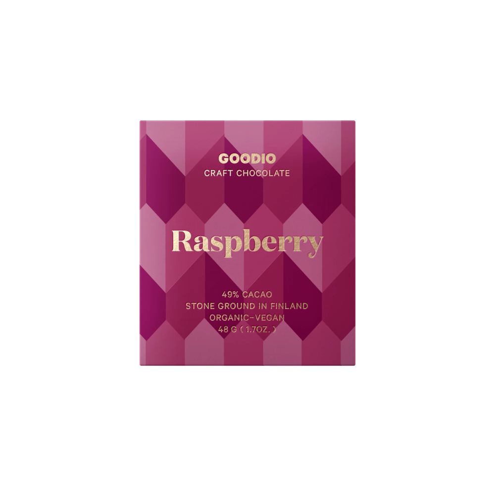 Goodio Rasberry Suklaa yhdistää marjan sekä suklaa hienostuneeseen makuun.
