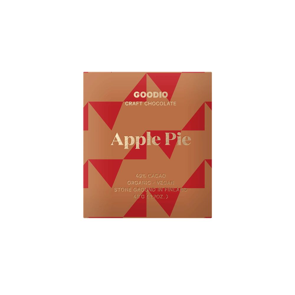 Goodion Apple Pie suklaa on lämpimän mausteinen suklaaelämys, jossa omenapiirakka on ripoteltu täyteläisen suklaan päälle.