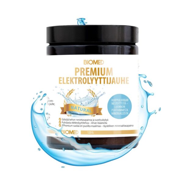 Biomed Premium Elektrolyyttijauhe Natural on laadukas elektrolyyttijauhe, joka tukee kehon luonnollista neste- ja elektrolyyttitasapainoa.