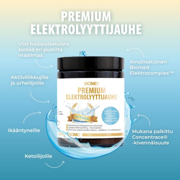 Biomed Premium Elektrolyyttijauhe Natural on laadukas elektrolyyttijauhe, joka tukee kehon luonnollista neste- ja elektrolyyttitasapainoa.