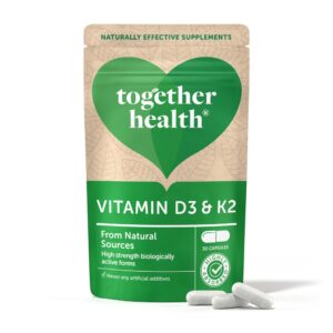 Together Healthin vahva D3 + K2 yhdistää jäkälästä saatavan vegaanisen D3-vitamiinin ja bioaktiivisessa MK-7-muodossa olevan K2-vitamiinin.