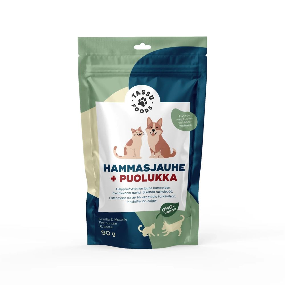 Tassu Foods Hammasjauhe + Puolukka tukee lemmikin suun hyvinvointia, raikastaa hengitystä ja auttaa plakin hallinnassa.