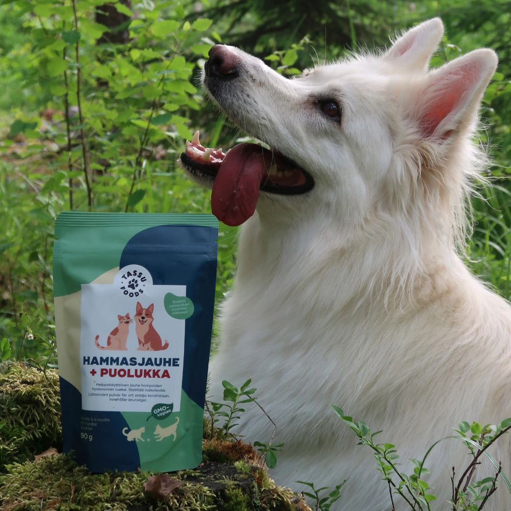 Tassu Foods Hammasjauhe + Puolukka tukee lemmikin suun hyvinvointia, raikastaa hengitystä ja auttaa plakin hallinnassa.