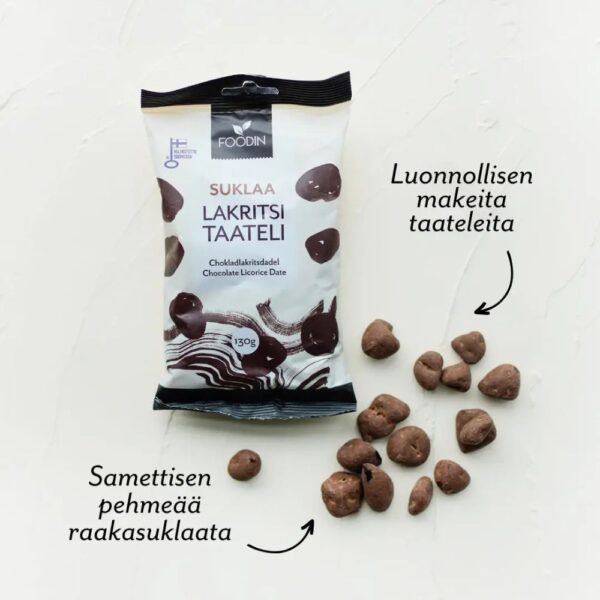 Foodin Suklaalakritsitaatelit yhdistävät pehmeän taatelin, aromikkaan lakritsin ja samettisen raakasuklaan. Vegaaninen herkku, valmistettu Suomessa.