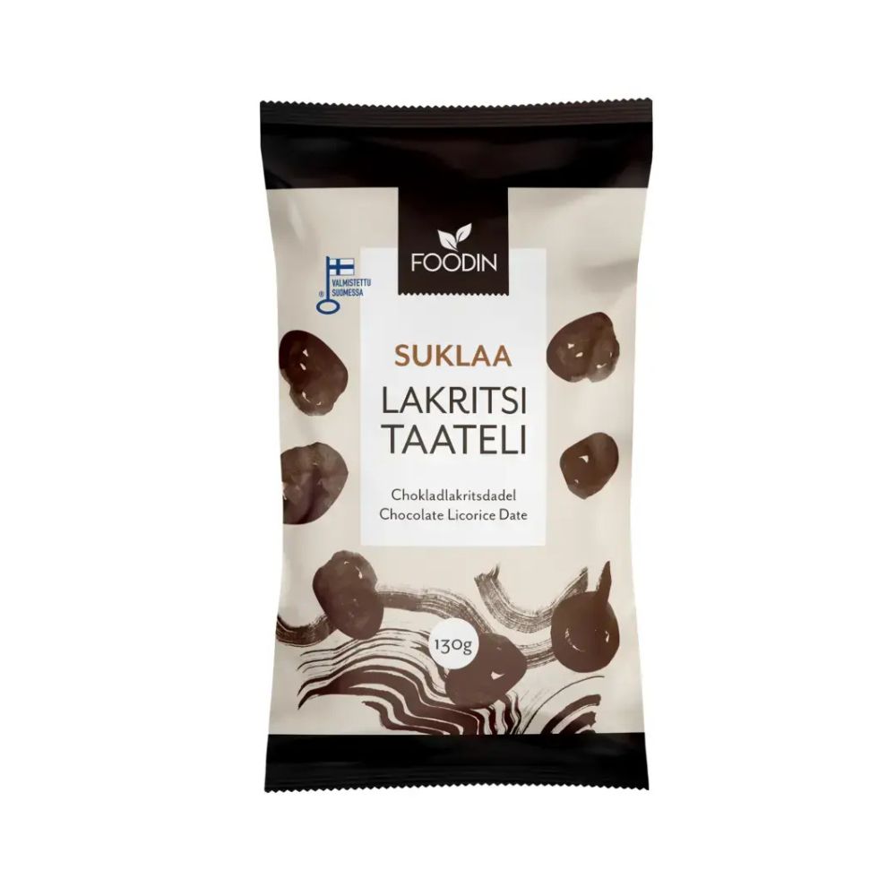 Foodin Suklaalakritsitaatelit yhdistävät pehmeän taatelin, aromikkaan lakritsin ja samettisen raakasuklaan. Vegaaninen herkku, valmistettu Suomessa.