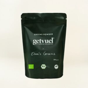 Getvuel Eileen’s Greens on luomu viherjauhe, jossa yhdistyvät ohranoras, vehnänoras, chlorella, pinaatti ja omena.
