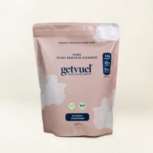 Getvuel Pure on maustamaton kasviproteiinijauhe härkäpapu- ja herneproteiinista. 24 g proteiinia annoksessa, sopii myös ruoanlaittoon ja leivontaan.