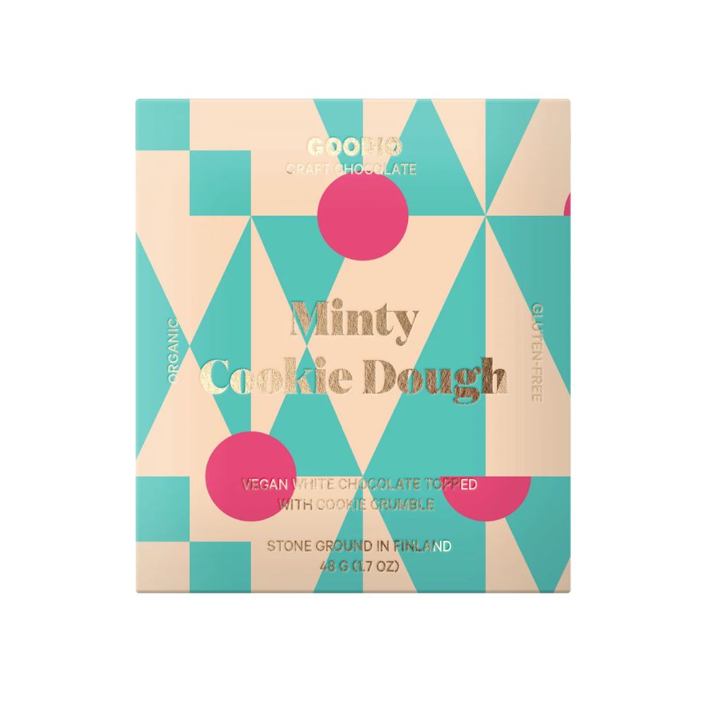 Goodio Minty Cookie Dough on vegaaninen luomuvalkosuklaa, jossa kohtaavat raikas piparminttu ja karamellimainen makeus. Gluteeniton ja käsintehty Suomessa.