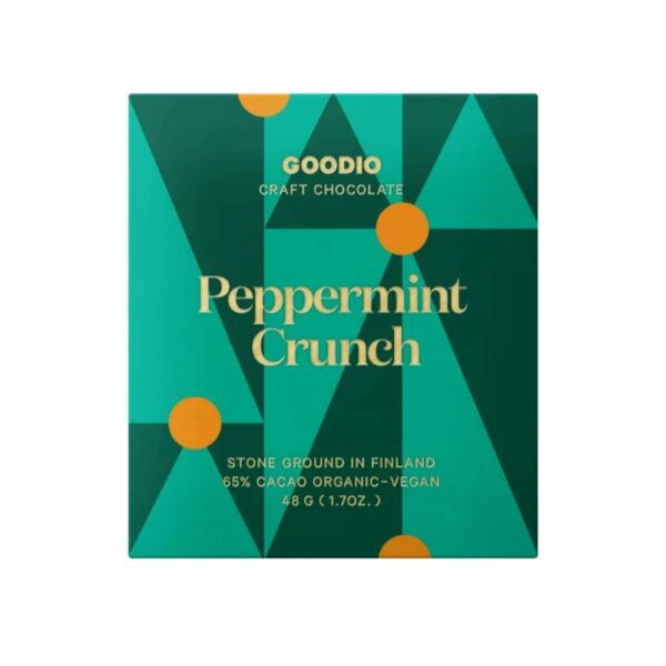 Goodio Peppermint Crunch yhdistää täyteläisen 49 % suklaan, raikkaan piparmintun ja rapeat koivusokerikiteet. Vegaaninen ja käsintehty Suomessa.